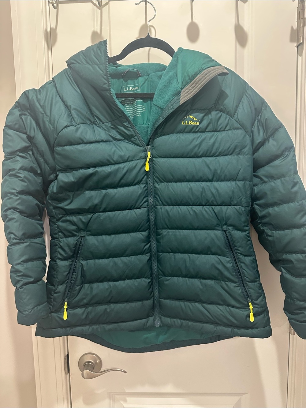 Women’s L.L. Bean Dark Green Quilted Puffer Jacket with Neon Accents